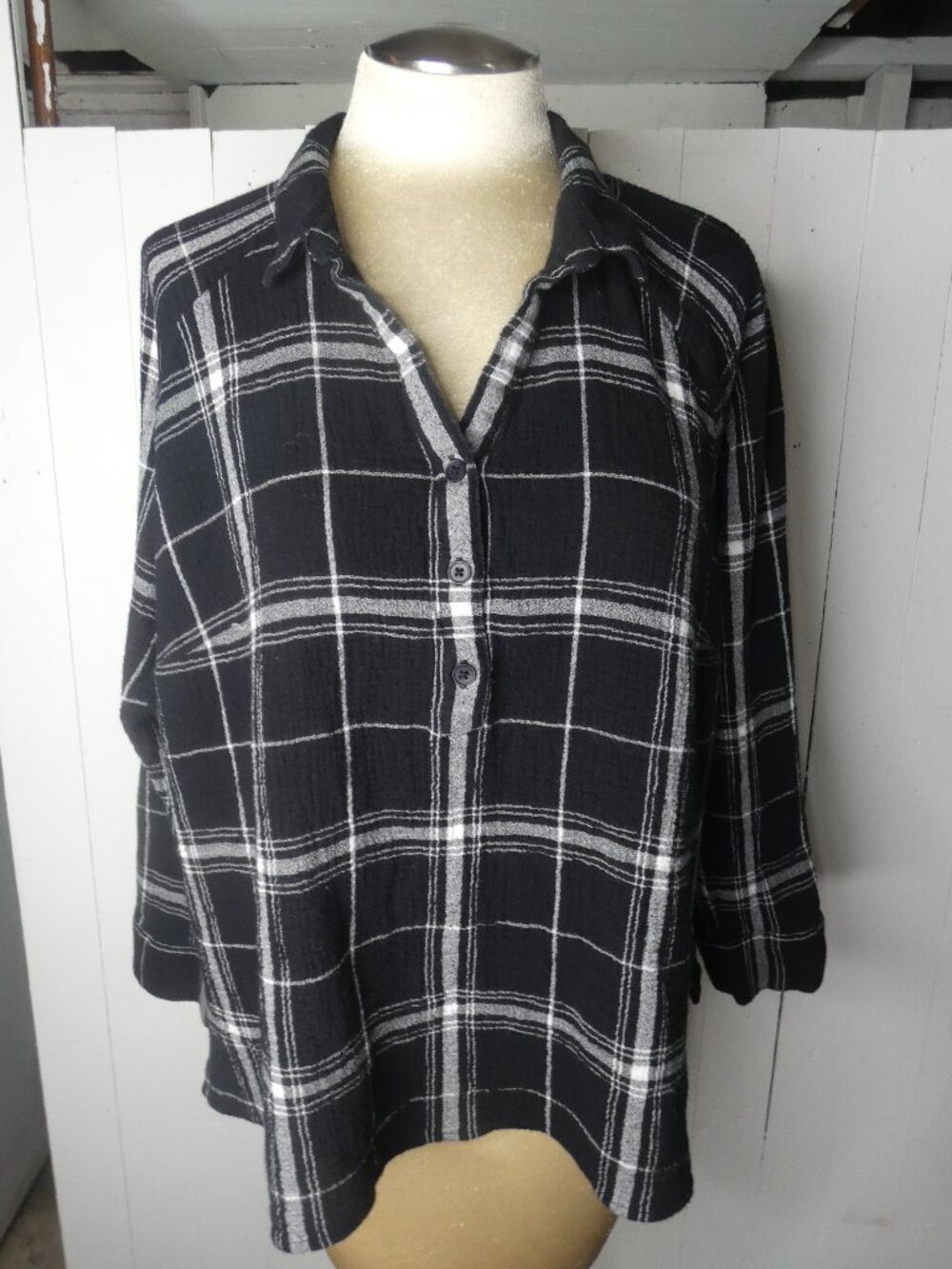Ryllace Women's 24 Plus Popover Top Black White Plaid Organic Cotton Boxy